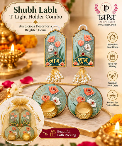 Premium Diwali Shubh Labh Gift Combo with 2 T-Light Holders & Potli Packing