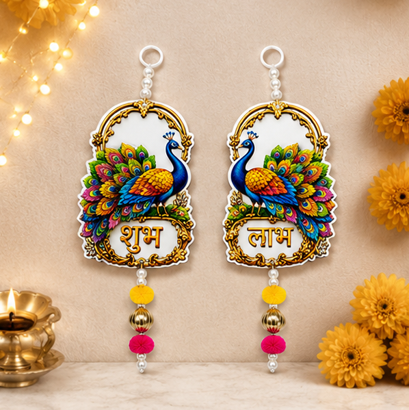 Shubh Labh Peacock MDF Wall Hanging & Toran